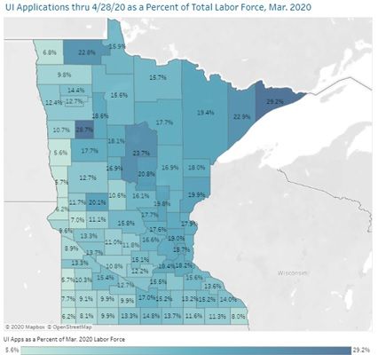 Map with key of UI applications as share of total county labor force through April 28, for more information contact Erik White (erik.white@state.mn.us) at 218-333-8253.