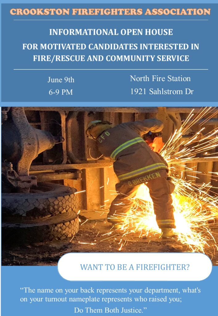 CROOKSTON FIREFIGHTERS ASSOCIATION LOOKING FOR FIREFIGHTERS, WILL HOLD OPEN HOUSE ON JUNE 9