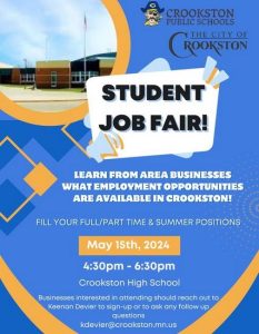 CROOKSTON HIGH SCHOOL TO HOST A STUDENT JOB FAIR ON WEDNESDAY, MAY 15