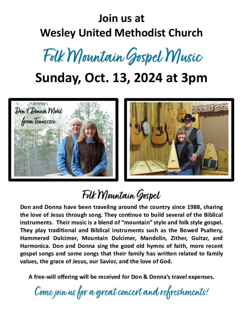 Folk Mountain Gospel to perform at Wesley United Methodist Sunday October 13.