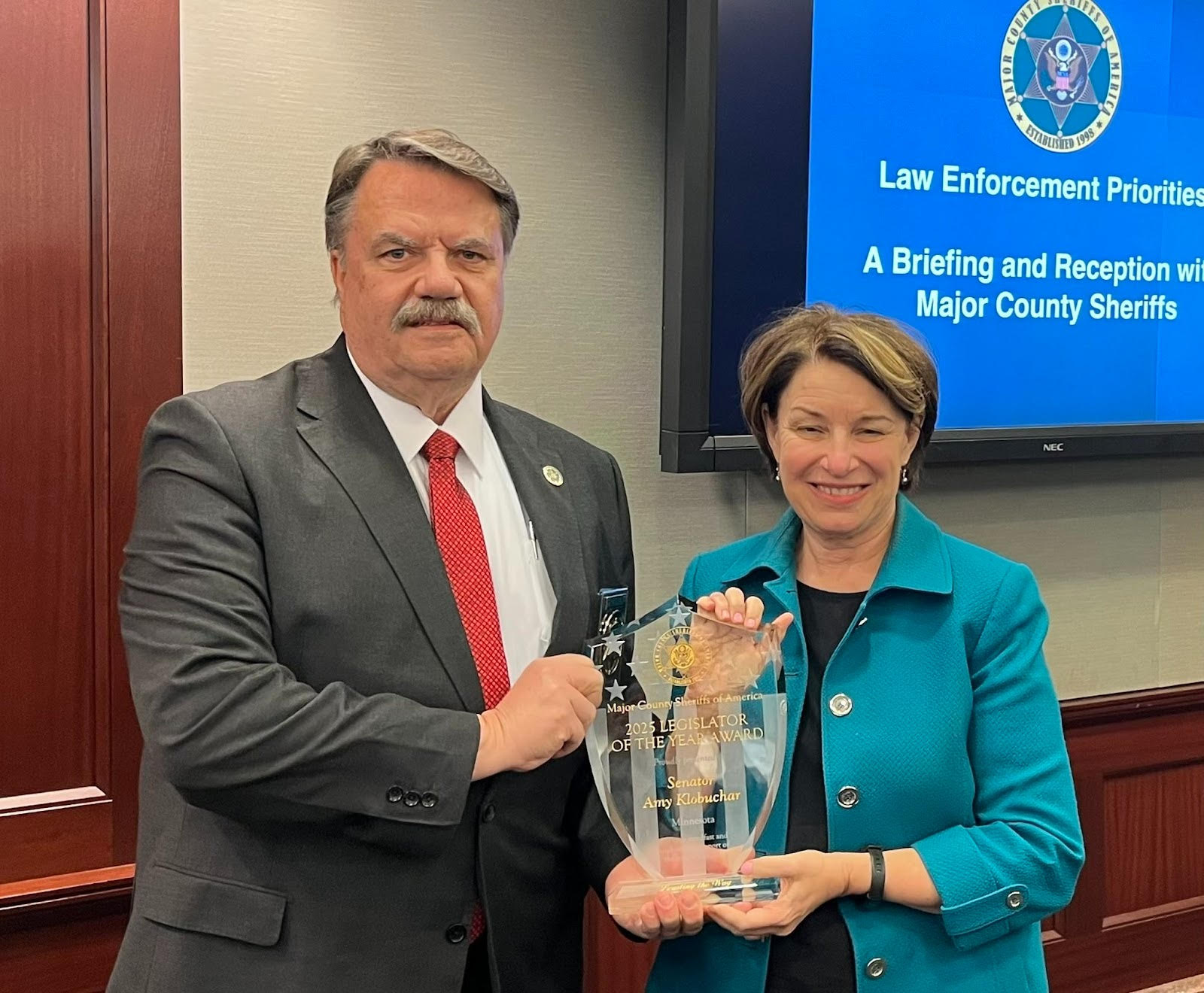 U.S. Senator Amy Klobuchar recognized by the Major County Sheriffs of America as Legislator of the Year