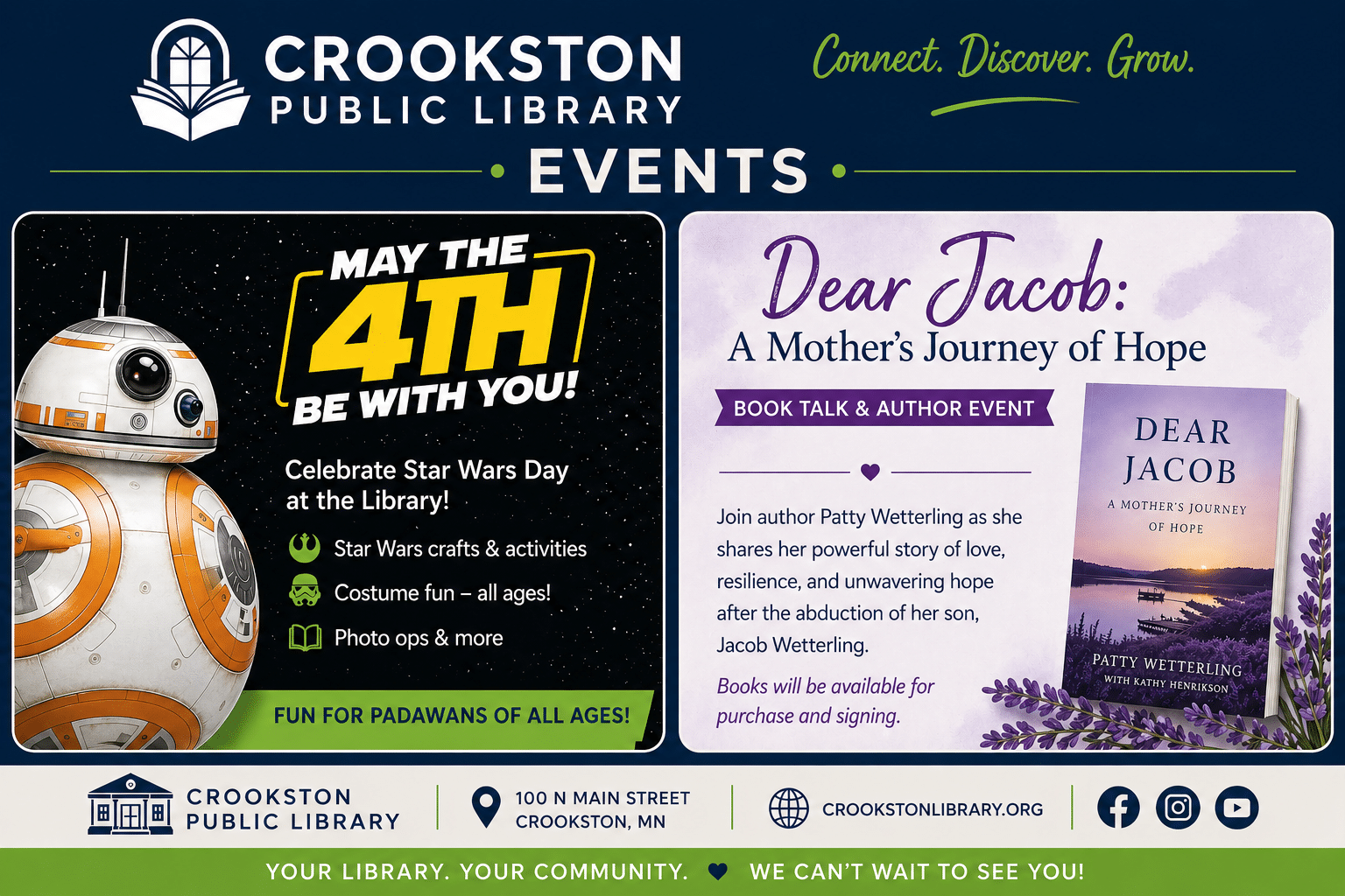 Crookston Public Library to hold May the 4th event, and will also host Patty Wetterling and Joy Baker on May 12