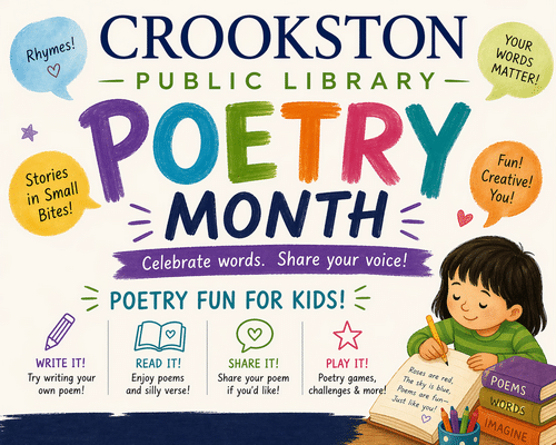 Crookston Public Library to celebrate Poetry Month with two sessions for kids on April 27