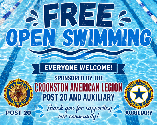 Crookston American Legion Post 20 and Auxiliary to sponsor free open swimming on April 25