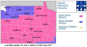 National Weather Service issues a Winter Storm Warrning for most of NW Minnesota and northcentral Minnesota through Saturday night