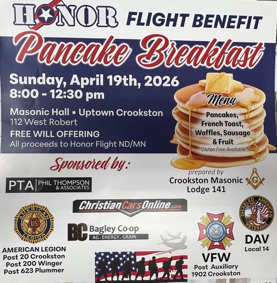Crookston Masonic Lodge to host a free-will breakfast fundraiser for the Honor Flight of ND/MN on April 19