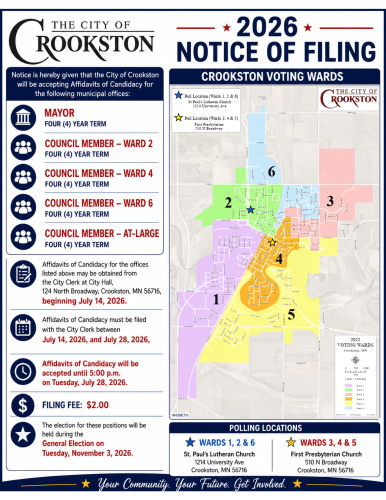 Candidate filing period for City of Crookston positions begins on July 14