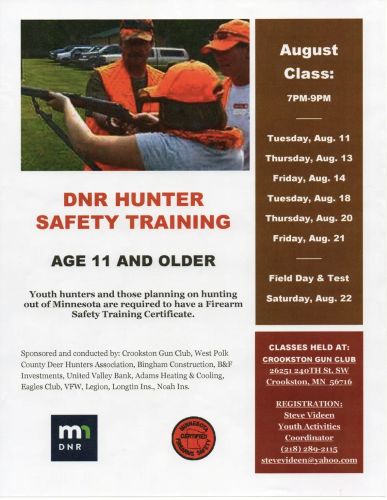 Registration is open for the fall DNR hunter safety class at the Crookston Gun Club