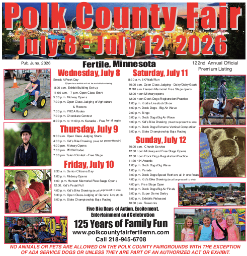 The 125th Polk County Fair kicks off on Wednesday, July 8, in Fertile