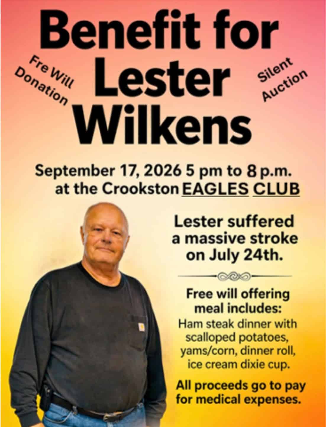 Location and time changes have been announced for the Lester Wilkens benefit on September 17