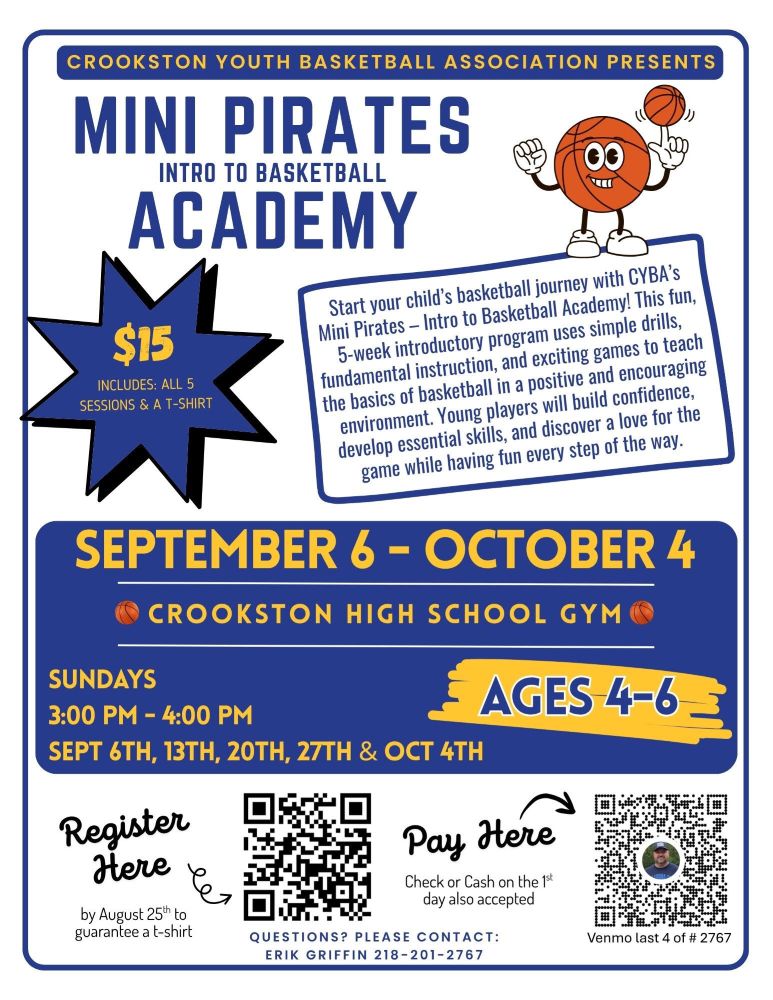 Registration for the Crookston Youth Basketball Association’s Mini Pirates Intro to Basketball Academy is now open