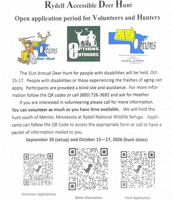 Options Outdoors is accepting applications for the 31st annual Rydell Accessible Deer Hunt held from October 15-17