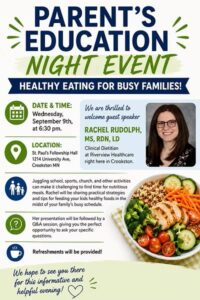 St. Paul’s Lutheran Church will host a Parents’ Healthy Eating Education Night on Wednesday, September 9