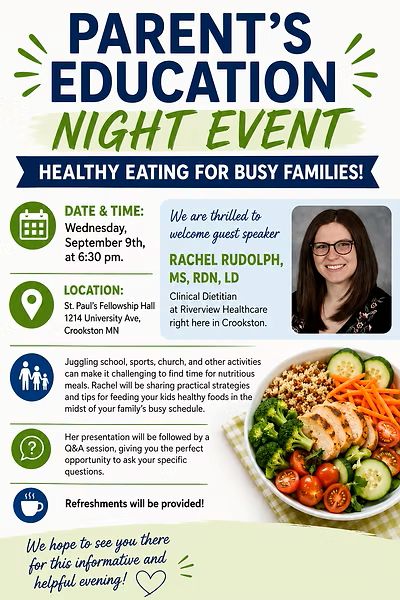 St. Paul’s Lutheran Church will host a Parents’ Healthy Eating Education Night on Wednesday, September 9