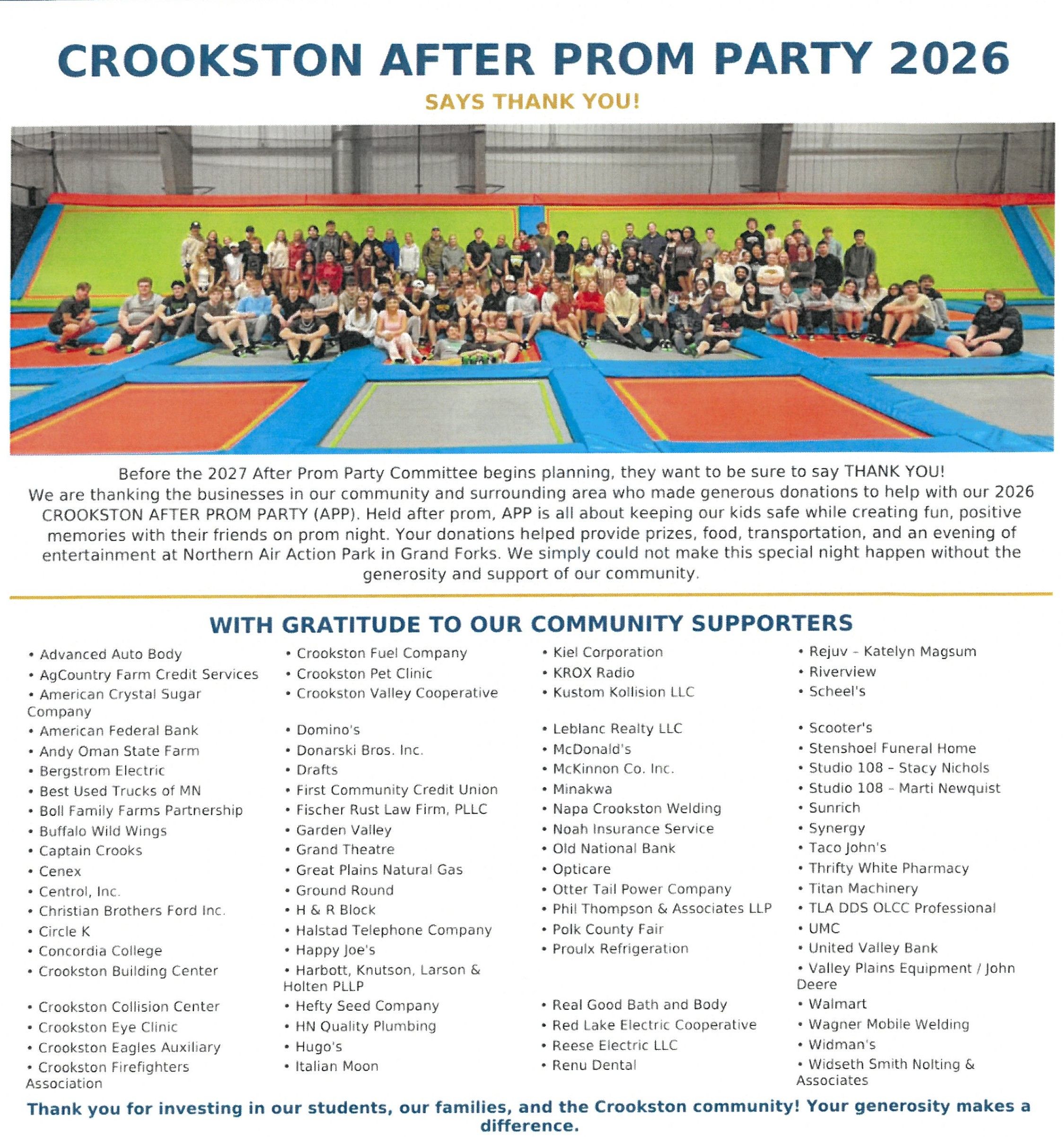 The Crookston After Prom Party Committee thanks local businesses for their support of the 2026 After Prom Party