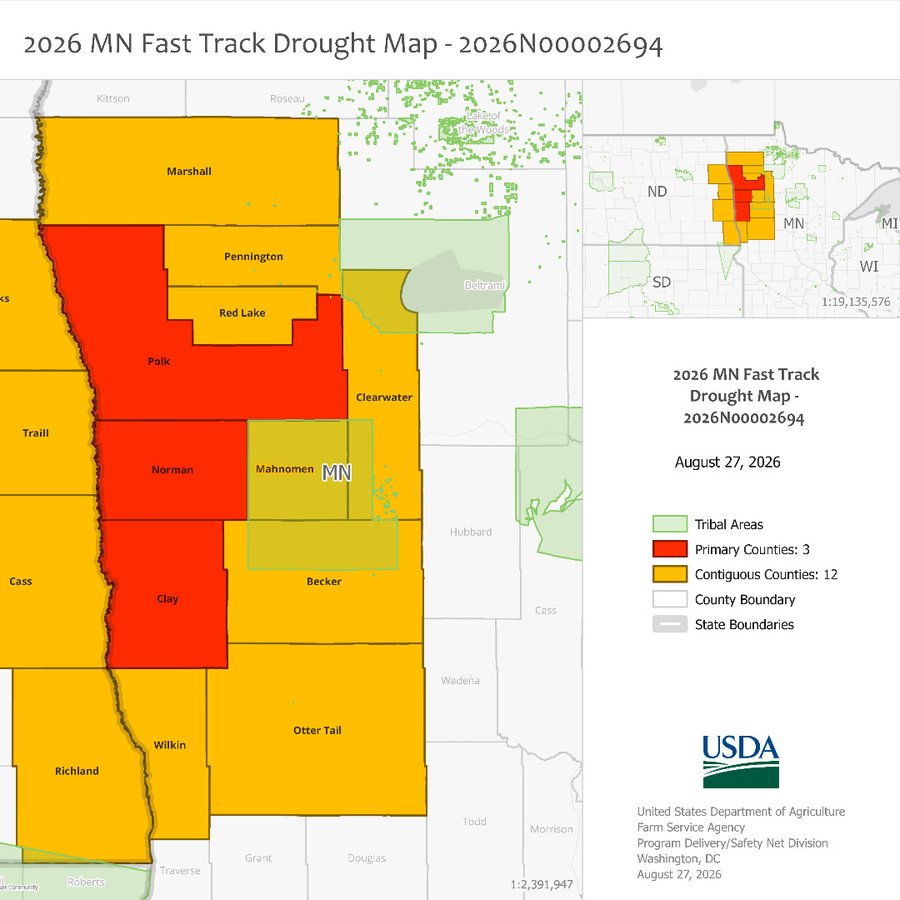 Polk, Norman, Red Lake, and Pennington County farmers may be eligible for disaster loans due to drought